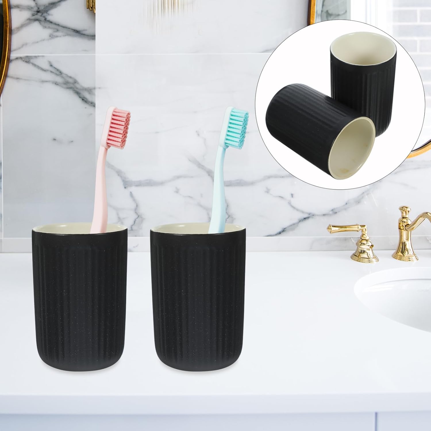 Set of 2 Black Striped Ceramic Toothbrush Holder Cups