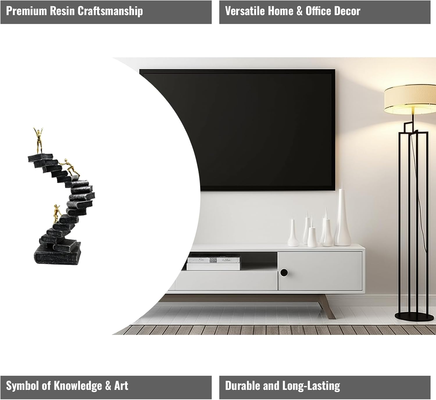 Resin Knowledge Staircase Sculpture - Modern Black Decor