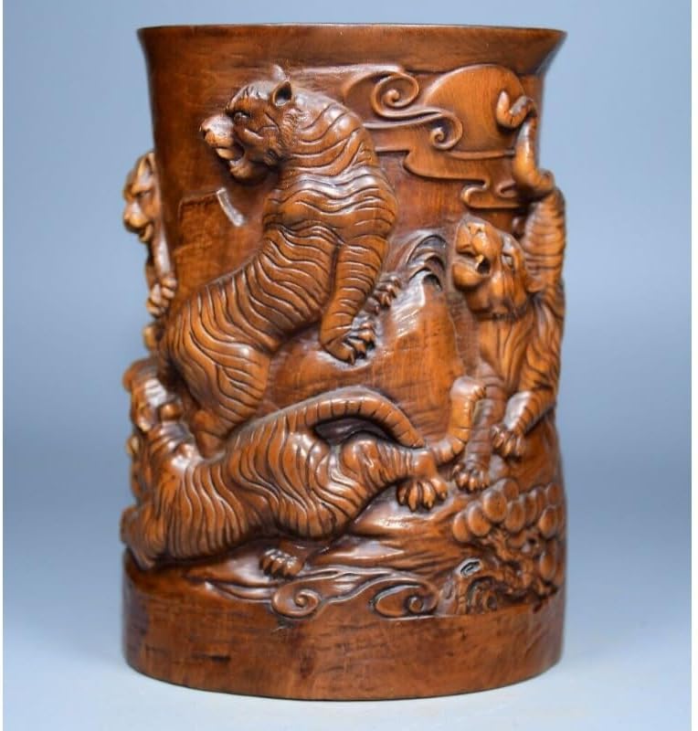 LimpaC Handcrafted Boxwood Animal Five Tiger Pine Brush Pot Statue