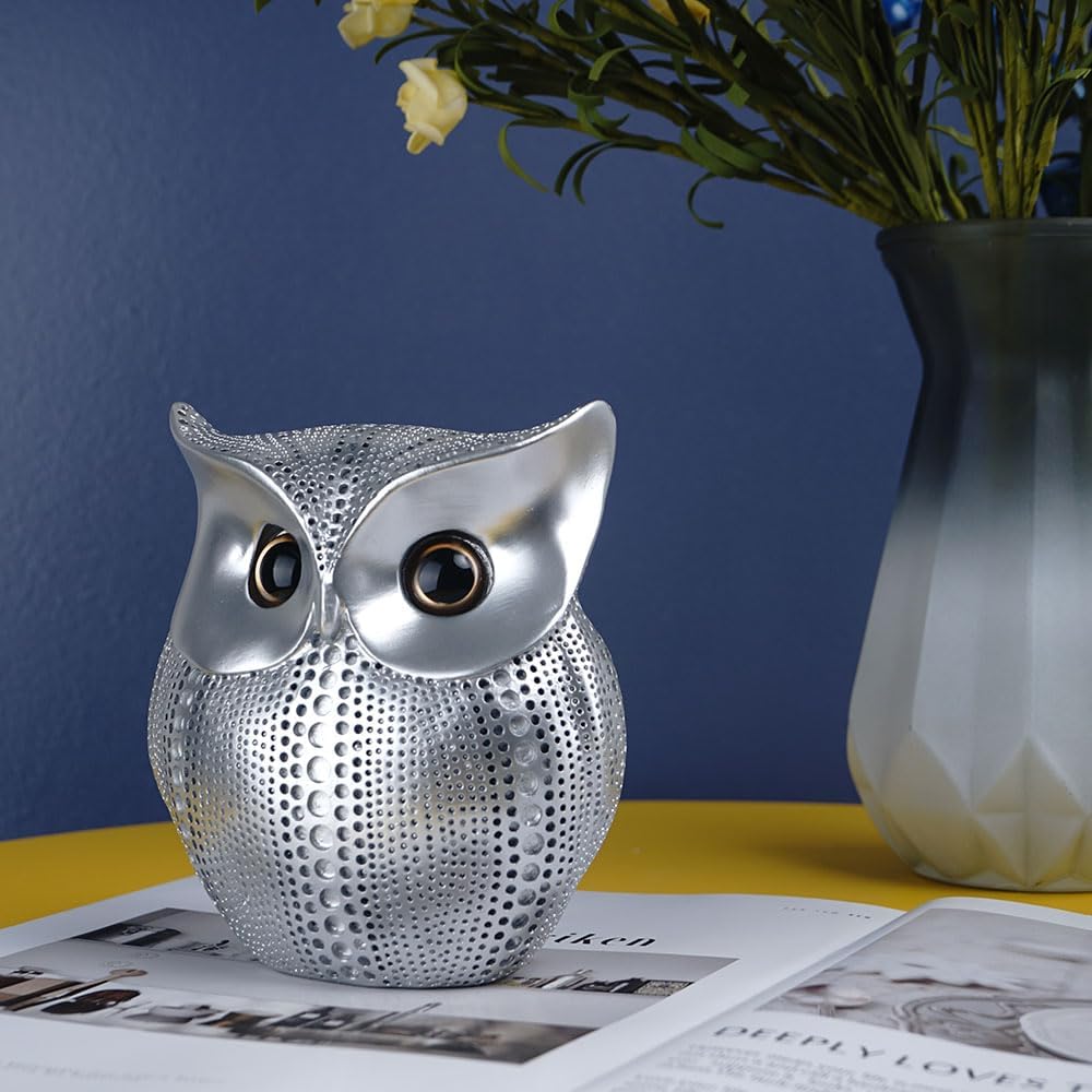 YIKESSHU Owl Statue Home Decor Luxury Silver Resin Sculpture