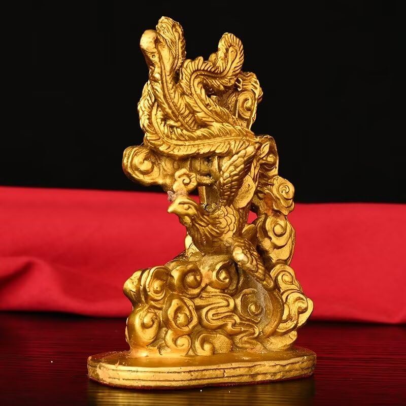 Chinese Brass Dragon Phoenix Lucky Statue Feng Shui Figurine Pair