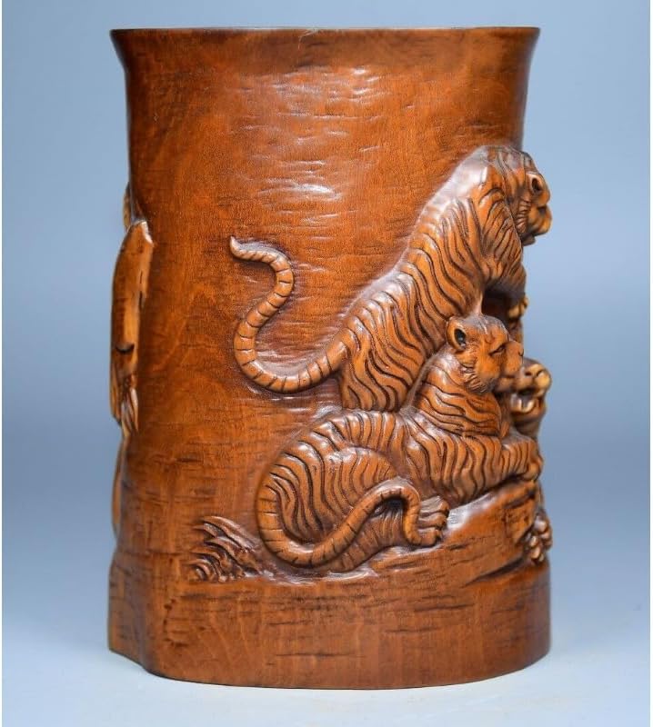 LimpaC Handcrafted Boxwood Animal Five Tiger Pine Brush Pot Statue