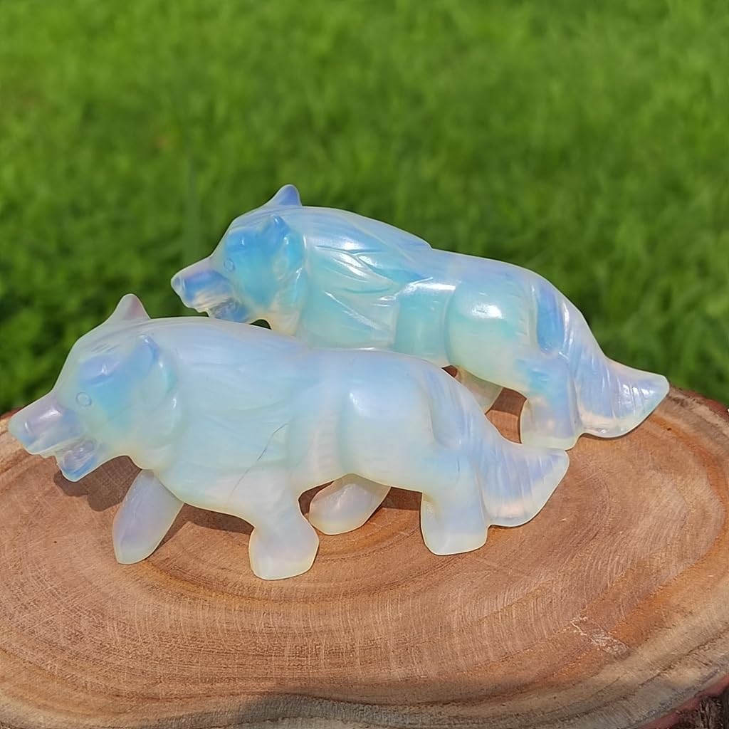 Opalite Wolf Figurine Decor Sculpture Hand Carved Stone Art