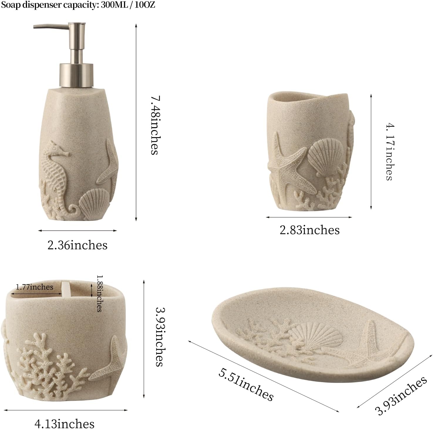 Haocoott 4PC Bathroom Accessory Set with Sea Decor Beige