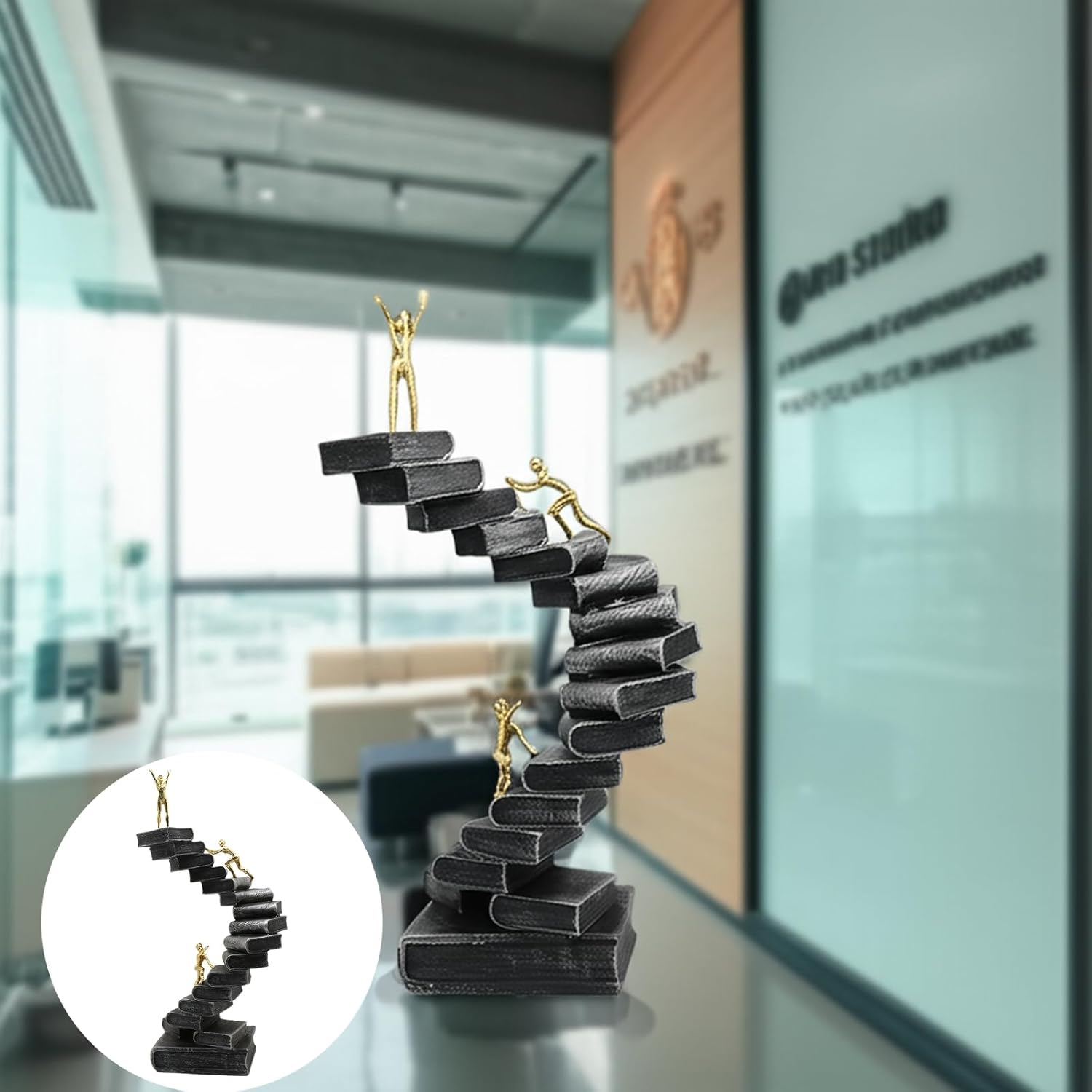 Resin Knowledge Staircase Sculpture - Modern Black Decor