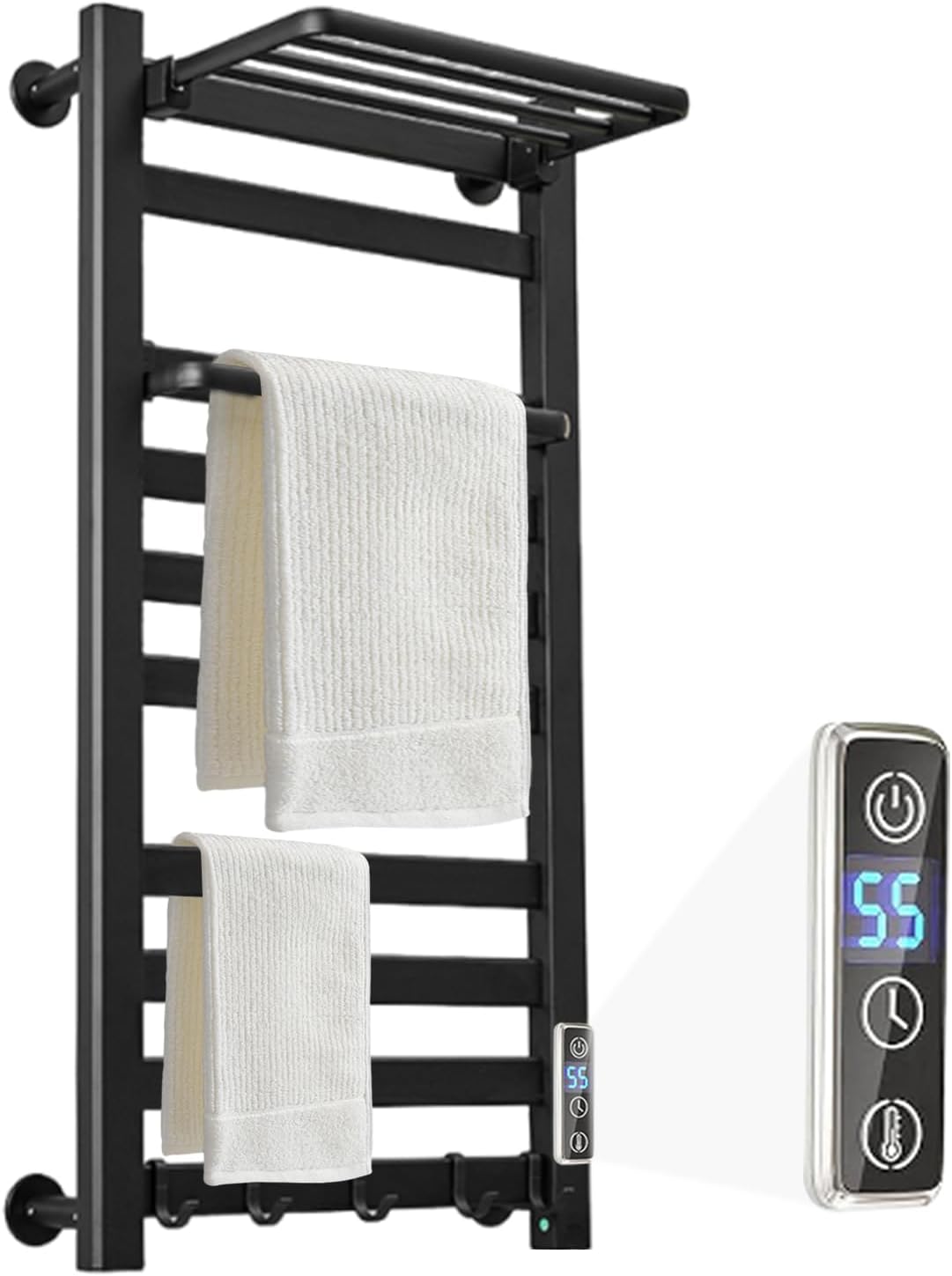 Heated Towel Rack with Shelf and Timer 10 Bars Black