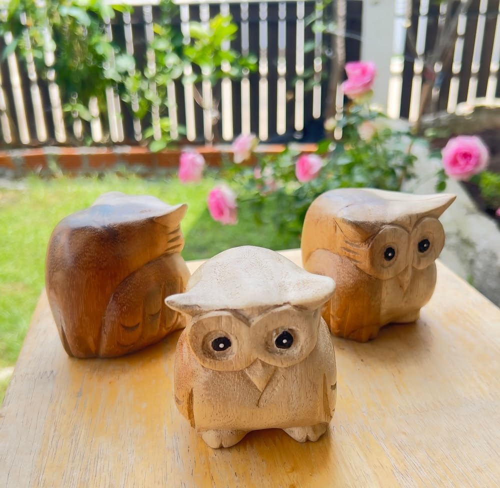 Thai Wooden Hand Carved Owl Statue Sculpture Art Decor 1