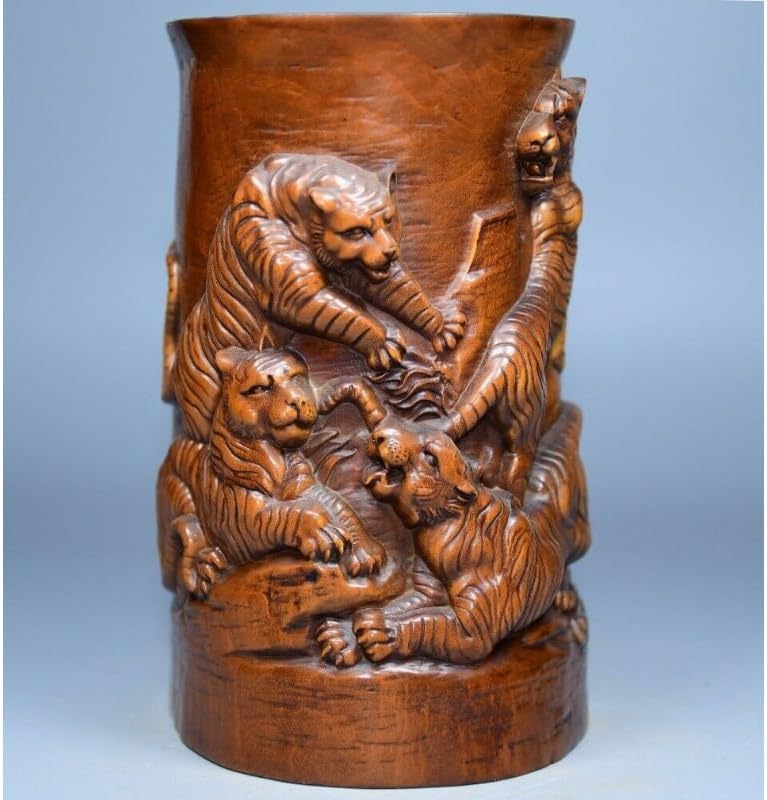 LimpaC Handcrafted Boxwood Animal Five Tiger Pine Brush Pot Statue