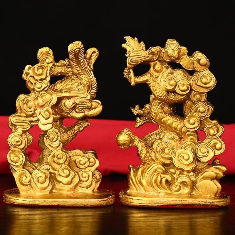 Chinese Brass Dragon Phoenix Lucky Statue Feng Shui Figurine Pair