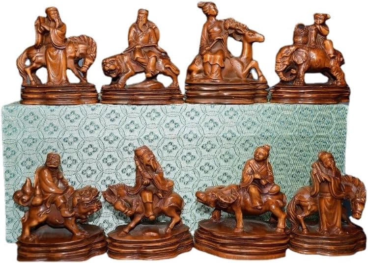 Handcrafted Boxwood Taoism Eight Immortals Meditating Statues Decor