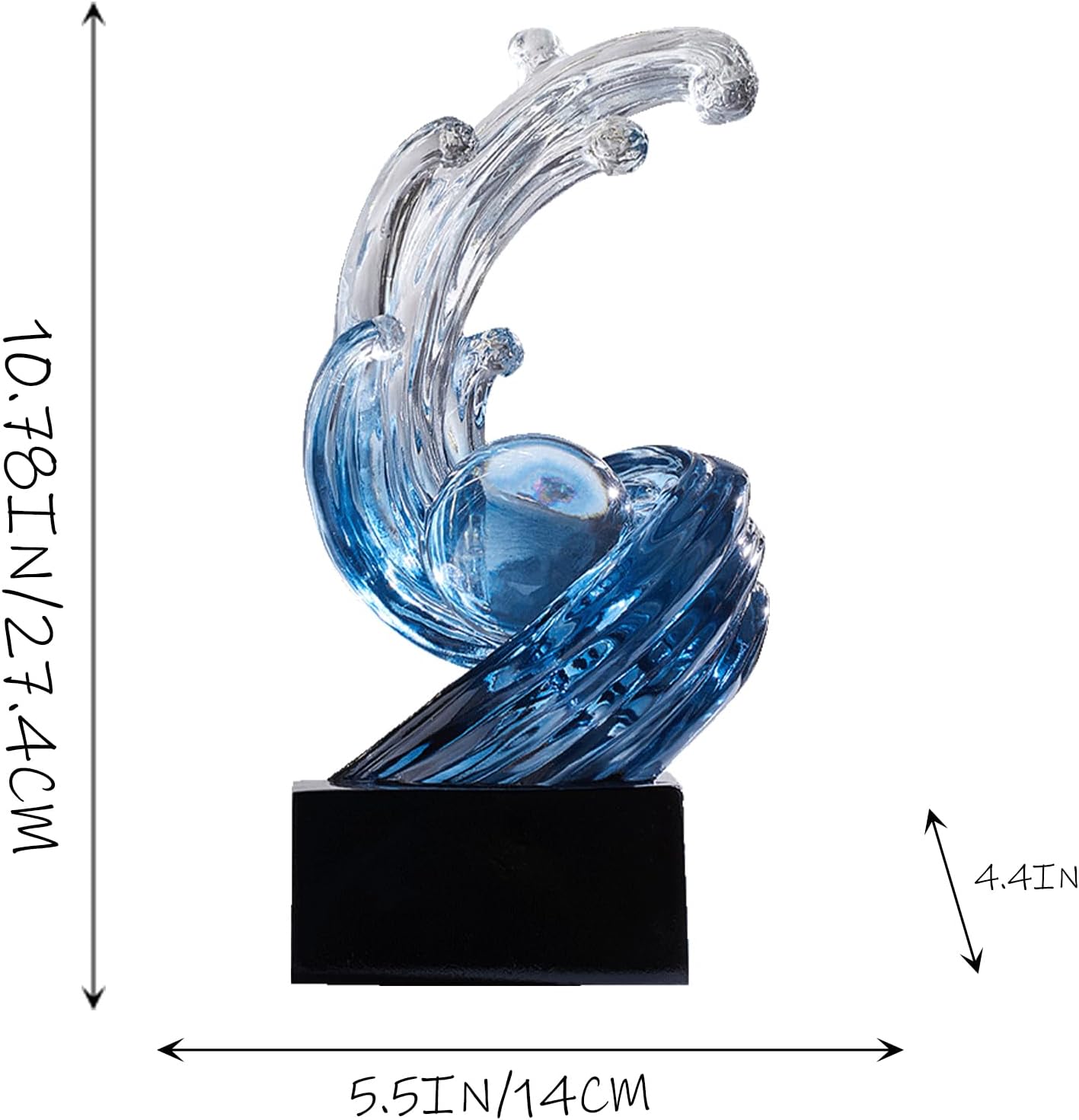 Modern Abstract Wave Sculpture with Crystal Ball Blue and Navy Blue
