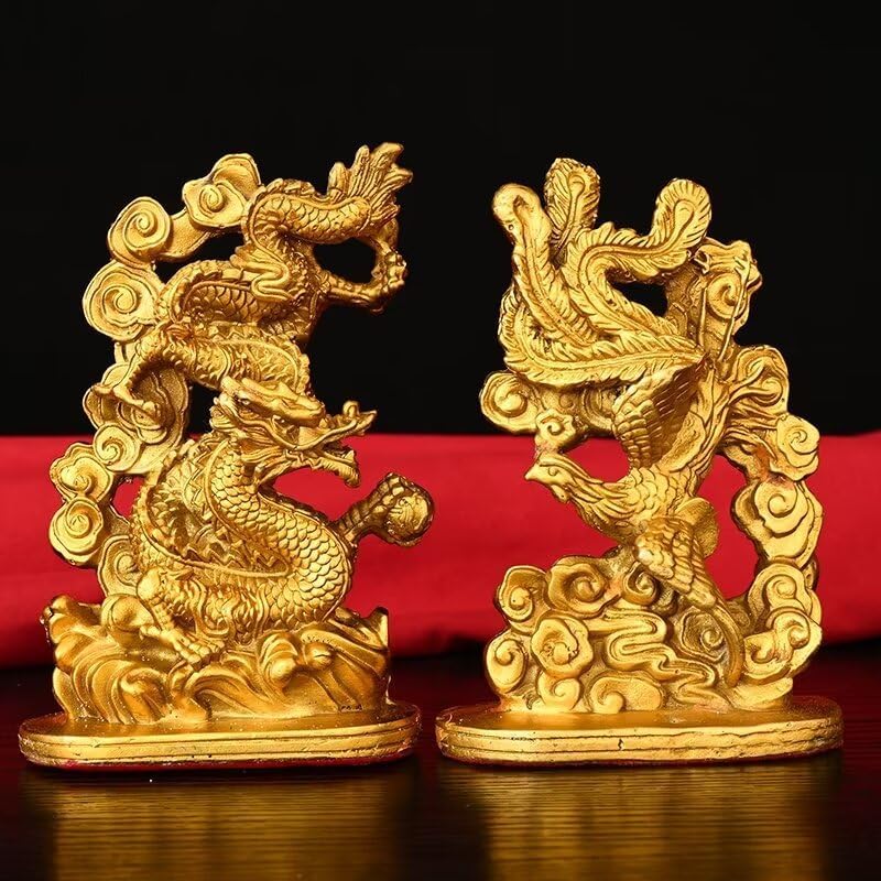 Chinese Brass Dragon Phoenix Lucky Statue Feng Shui Figurine Pair