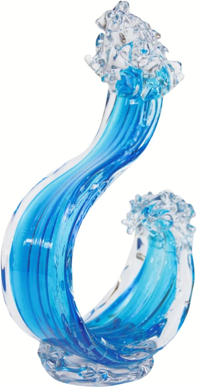 14 Inch Hand Blown Glass Ocean Waves Sculpture with Floating Base