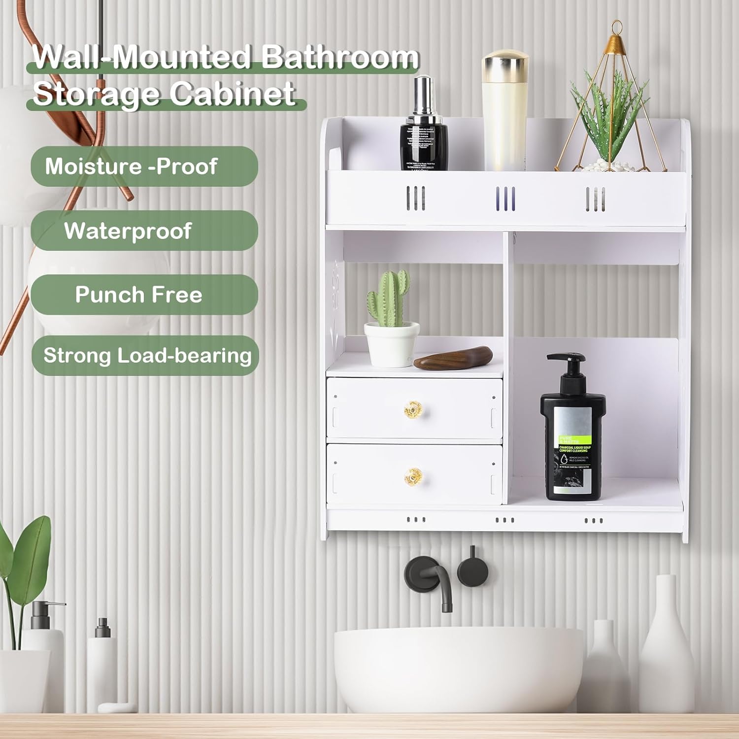 CDAR White Bathroom Cabinet Wall Mounted with 2 Drawers Shelves