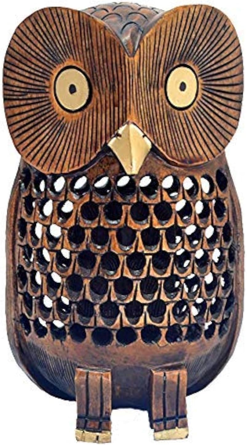 Hand Carved Wooden Owl Statue 6 Inch Decor