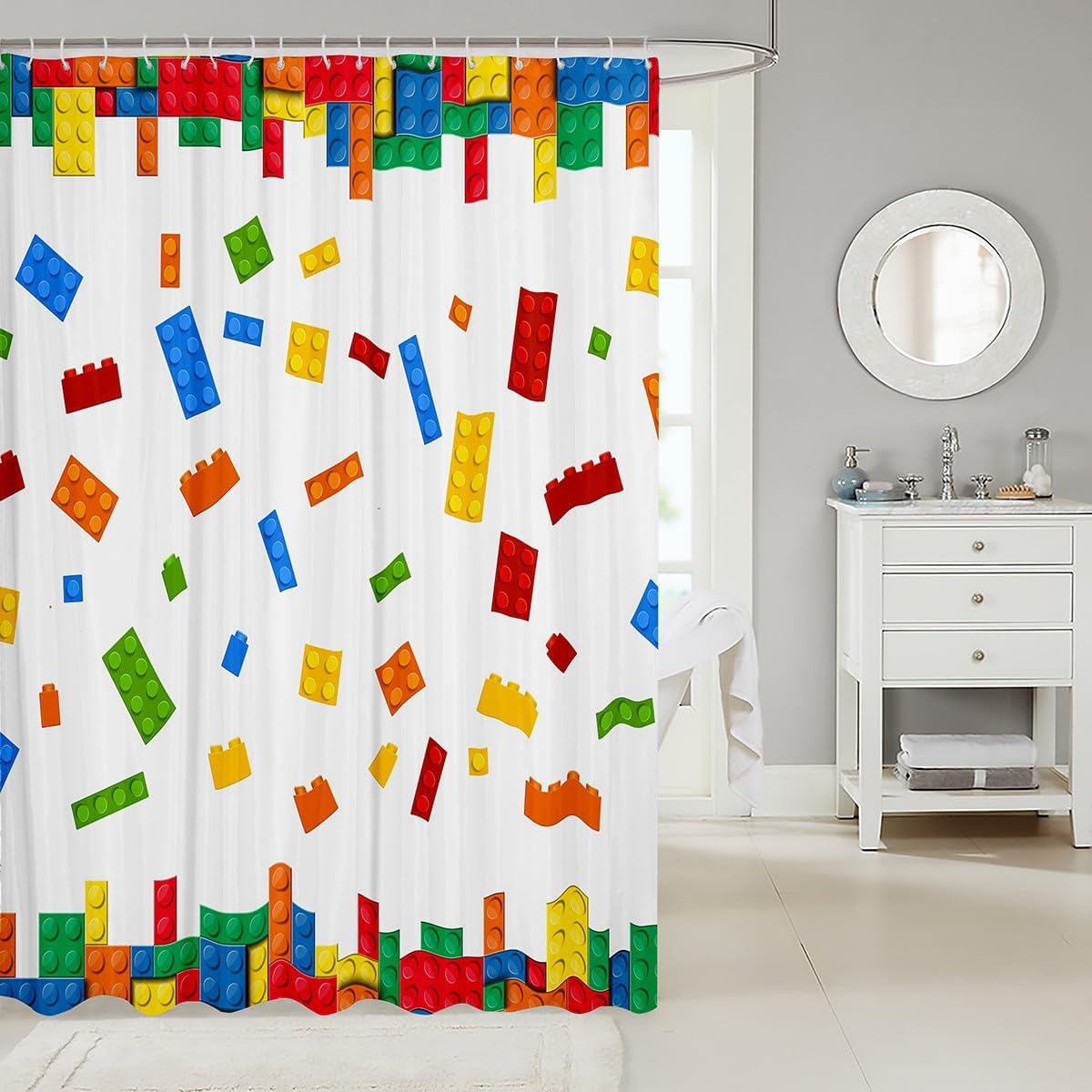 Erosebridal 3D Building Blocks Shower Curtain Set