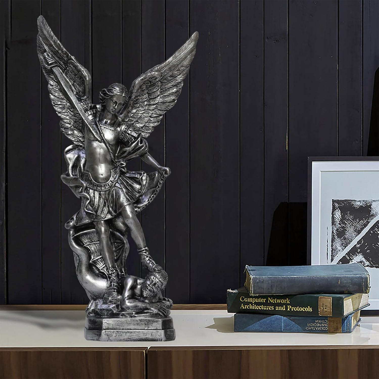 125in St Michael Statue Religious Sculpture Silver Bronze Resin
