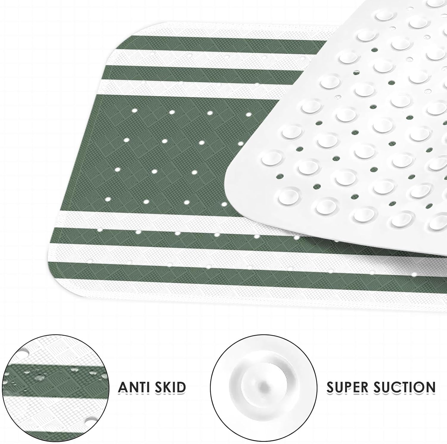 Green White Modern Stripe Pattern Bathtub Mat 40X16 Inch Non-Slip