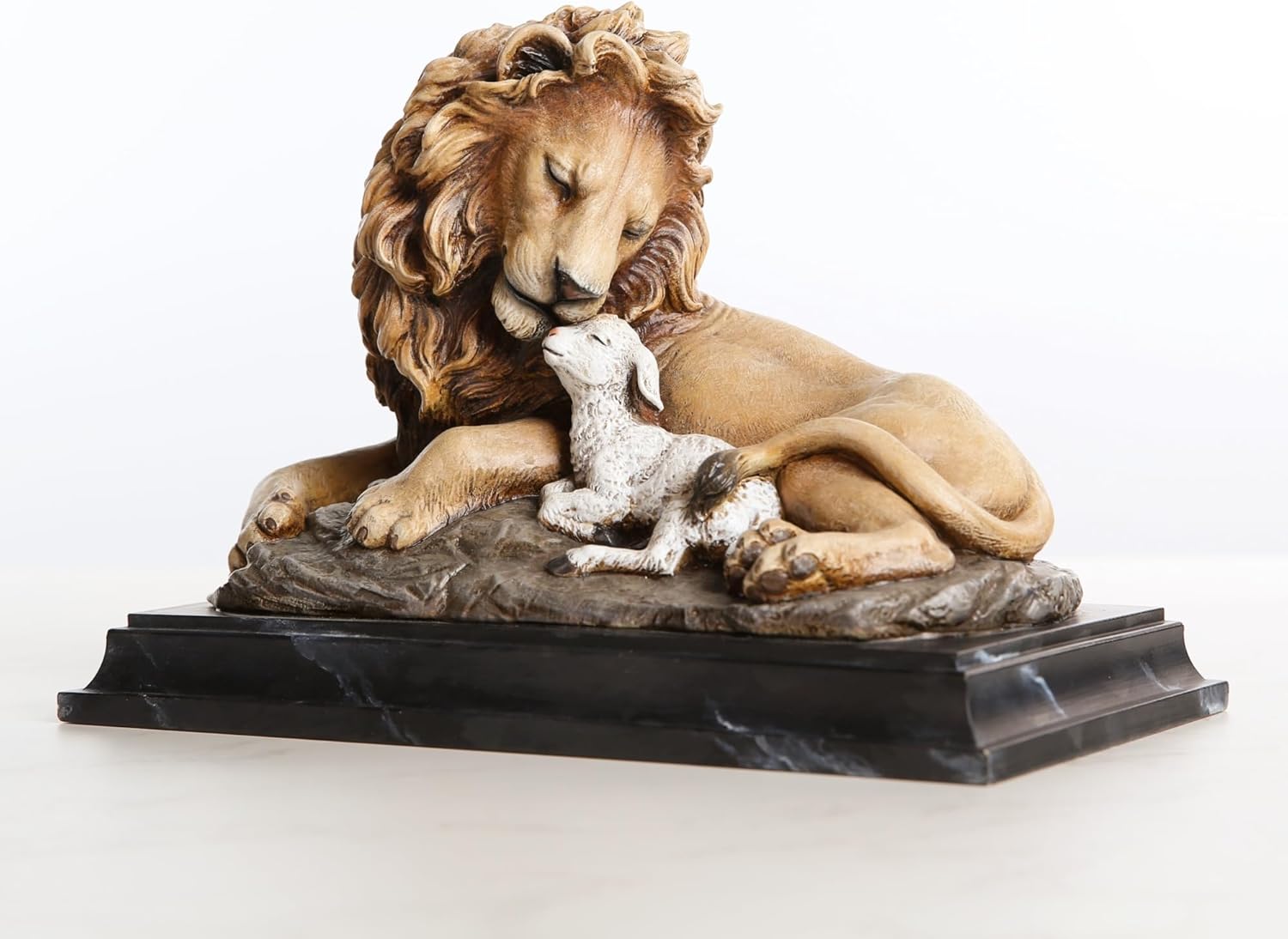 Resin Lion and Lamb Table Statue Brown