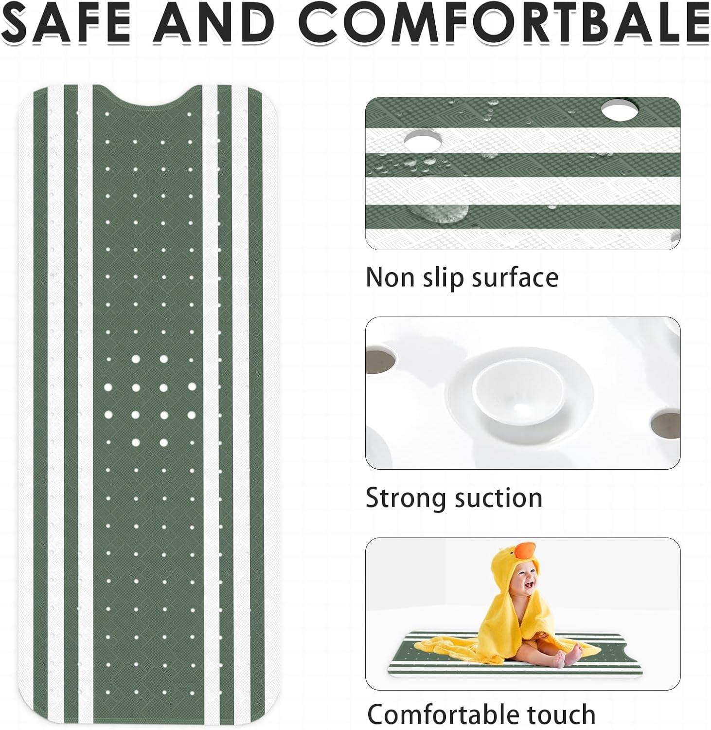 Green White Modern Stripe Pattern Bathtub Mat 40X16 Inch Non-Slip