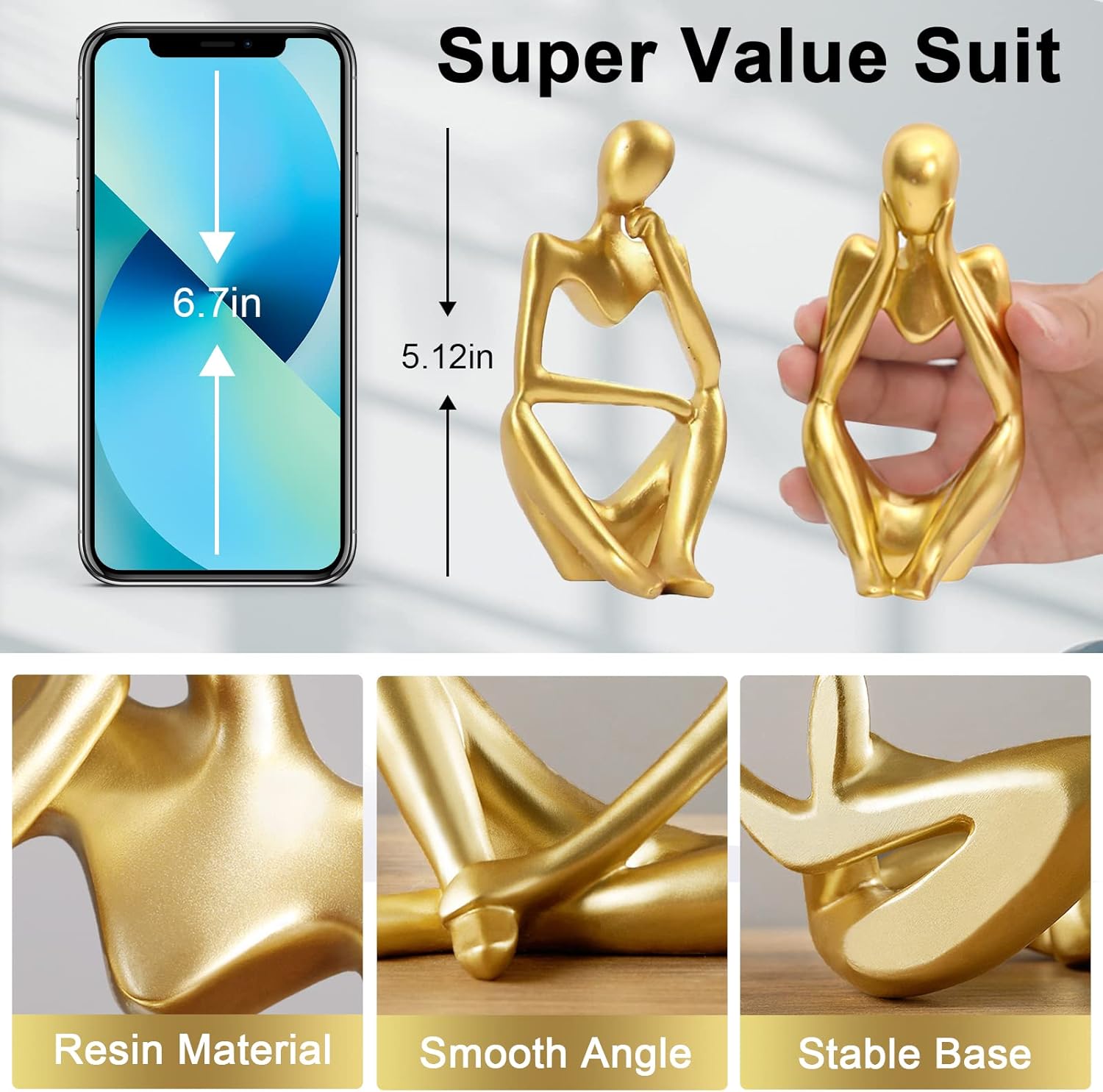 Gold Thinker Resin Statue 3Pcs Modern Art Decor