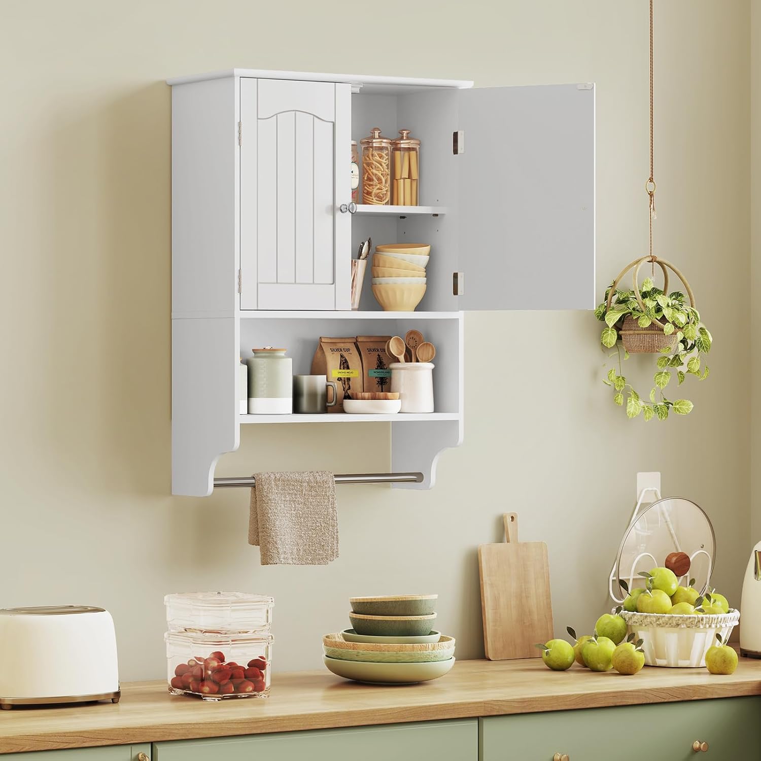 TEENFON Bathroom Wall Cabinet with Adjustable Shelves and Towel Rack 1