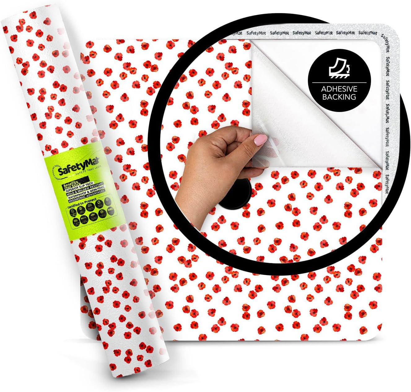 SafetyMat Non-Slip Bathtub Mat with Poppy Red Design