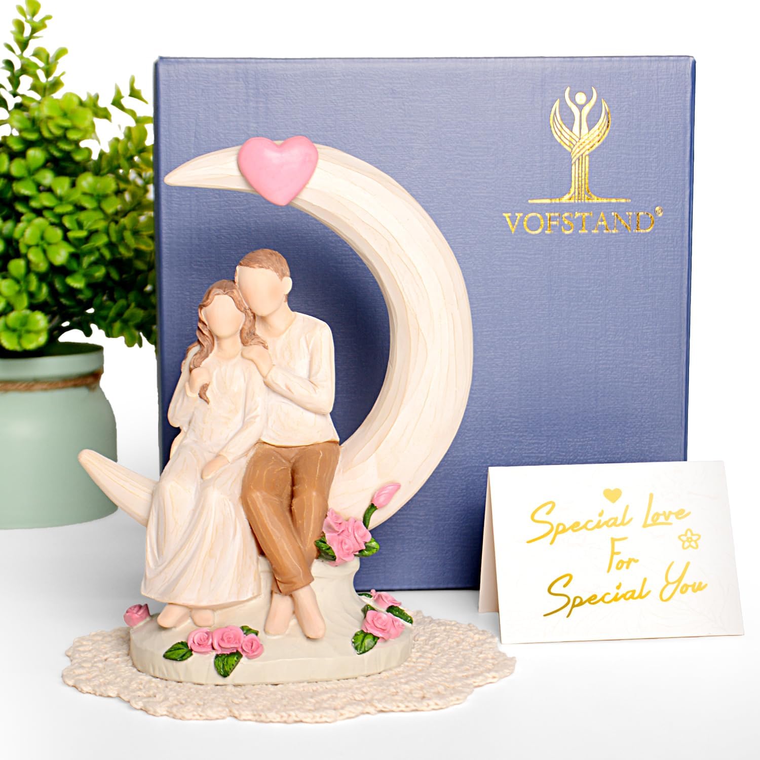 Vofstand Romantic Couples Figurine - Eternal Love Moon Roses Resin Statue