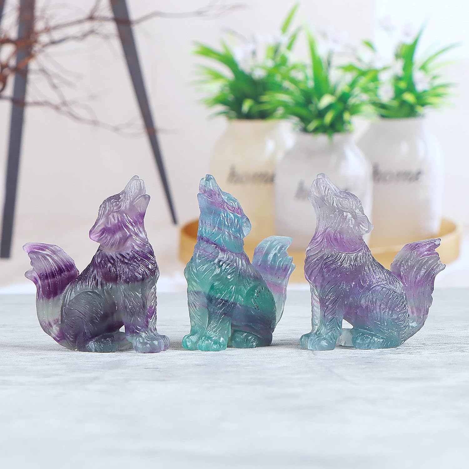 2 Crystal Wolf Statue Healing Decor with Gift Box