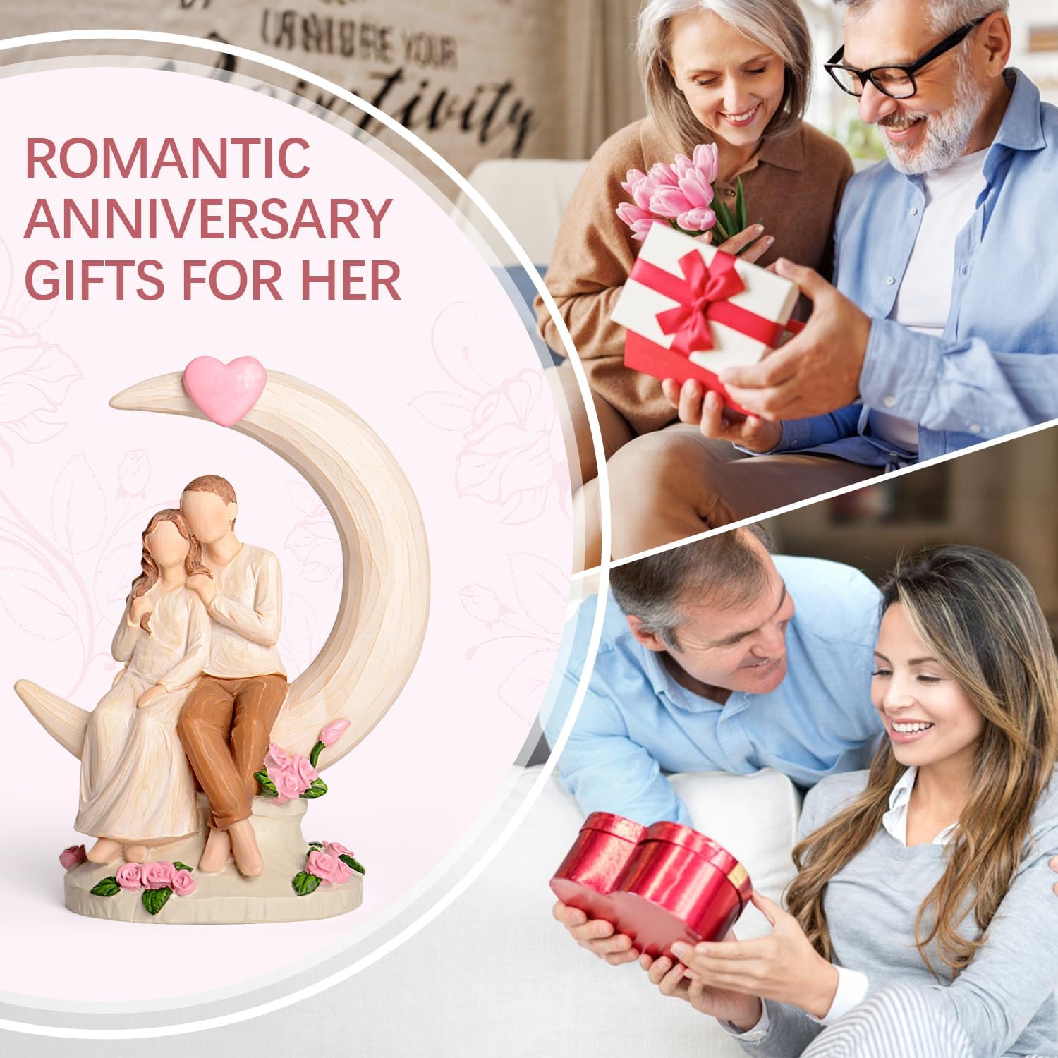 Vofstand Romantic Couples Figurine - Eternal Love Moon Roses Resin Statue