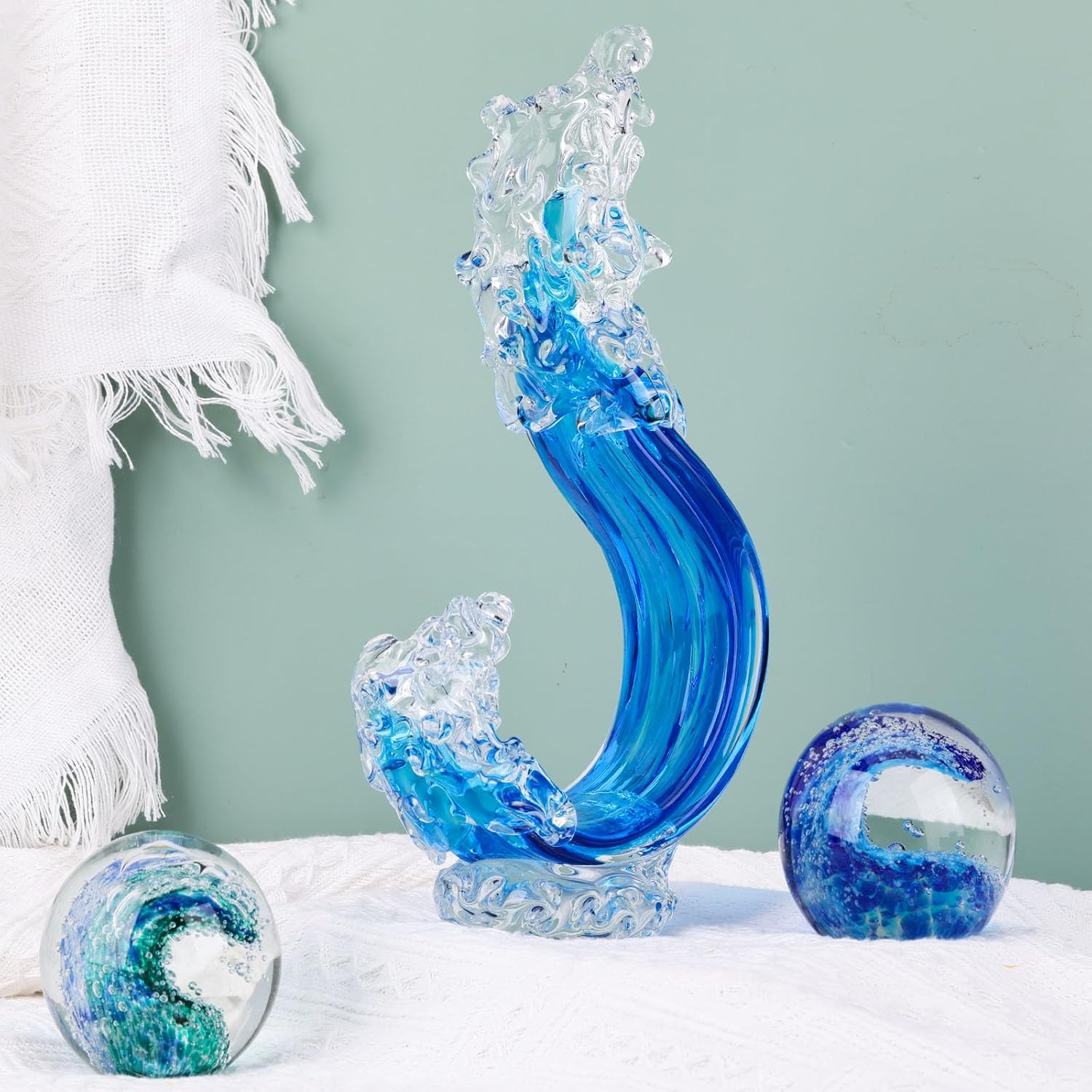 Blue Hand Blown Glass Ocean Wave Statue