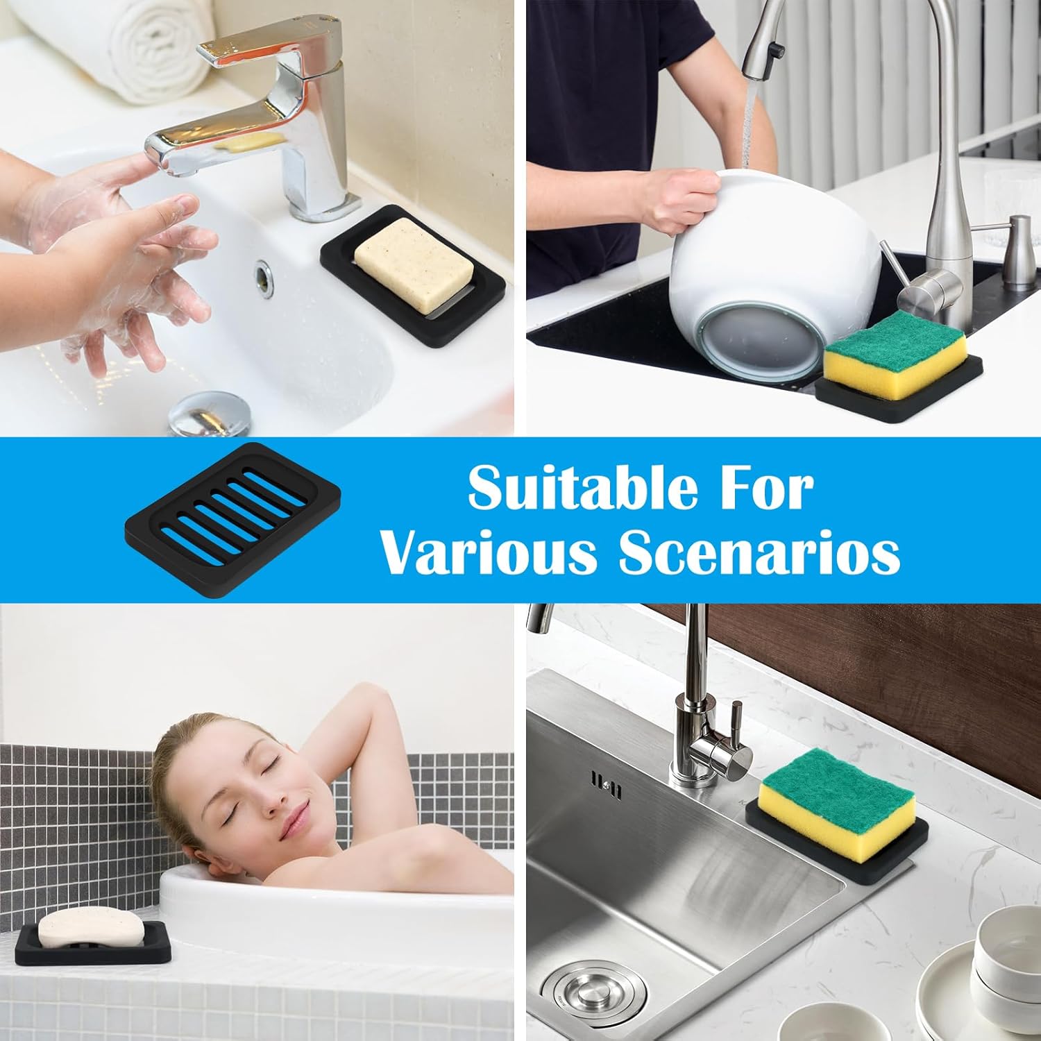 Topsky 2Pcs Silicone Soap Dish Holder Non-Slip Black Design
