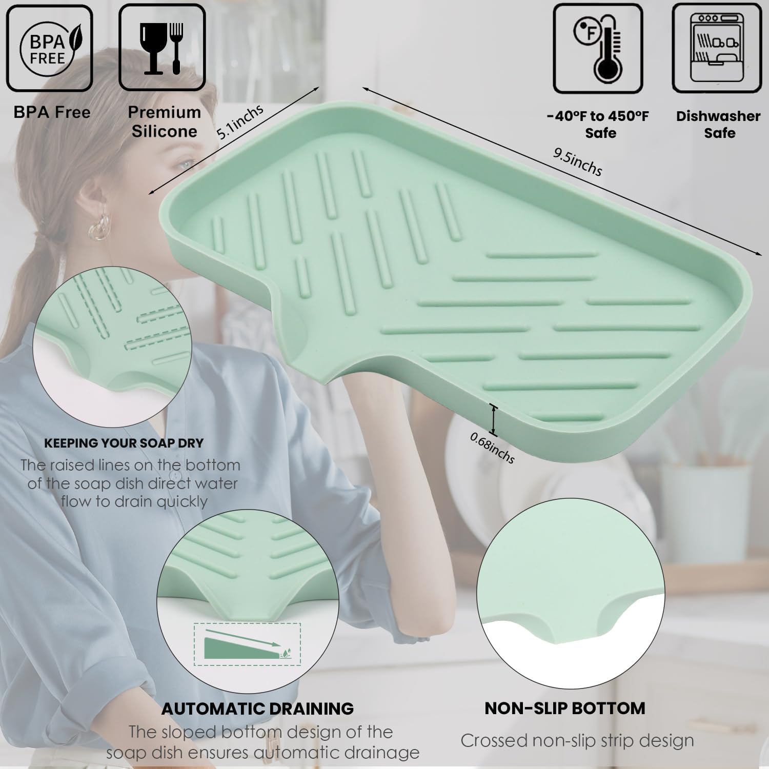 YASMEN Silicone Soap Dish with Drain - Green