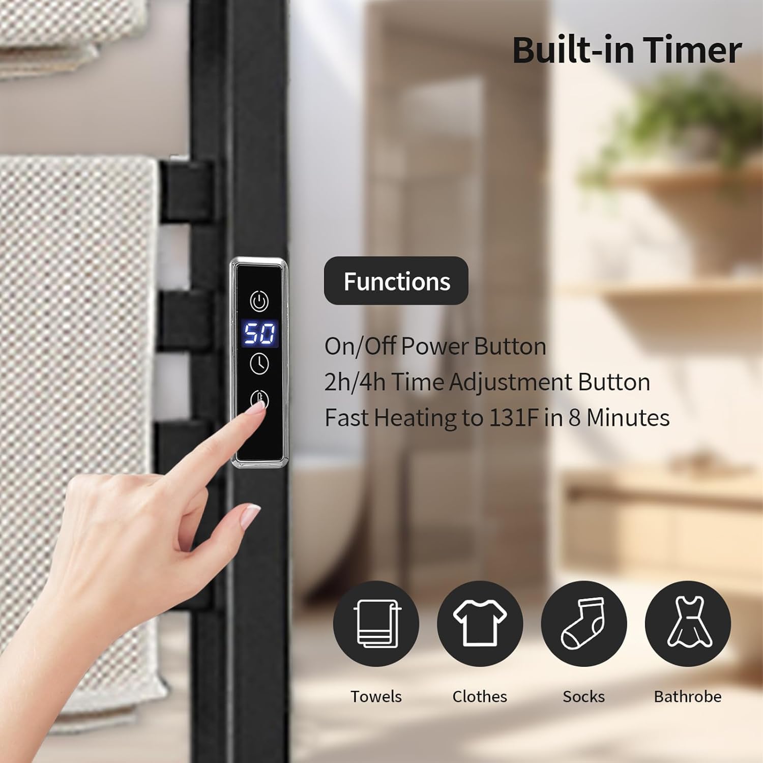 Heated Towel Rack with Shelf and Timer 10 Bars Black