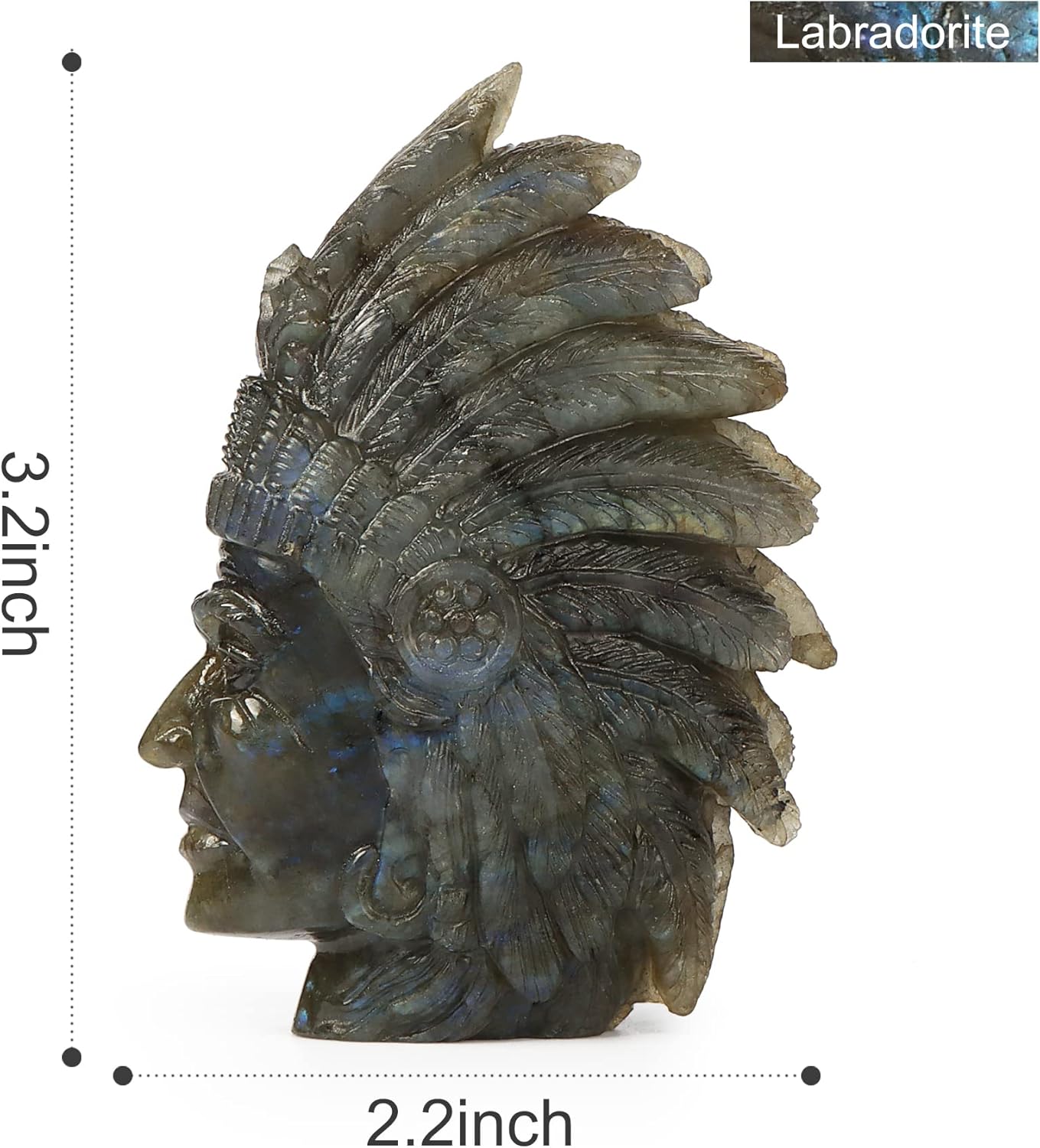 Artistone Labradorite Crystal Indian Skull Statue Hand-Carved