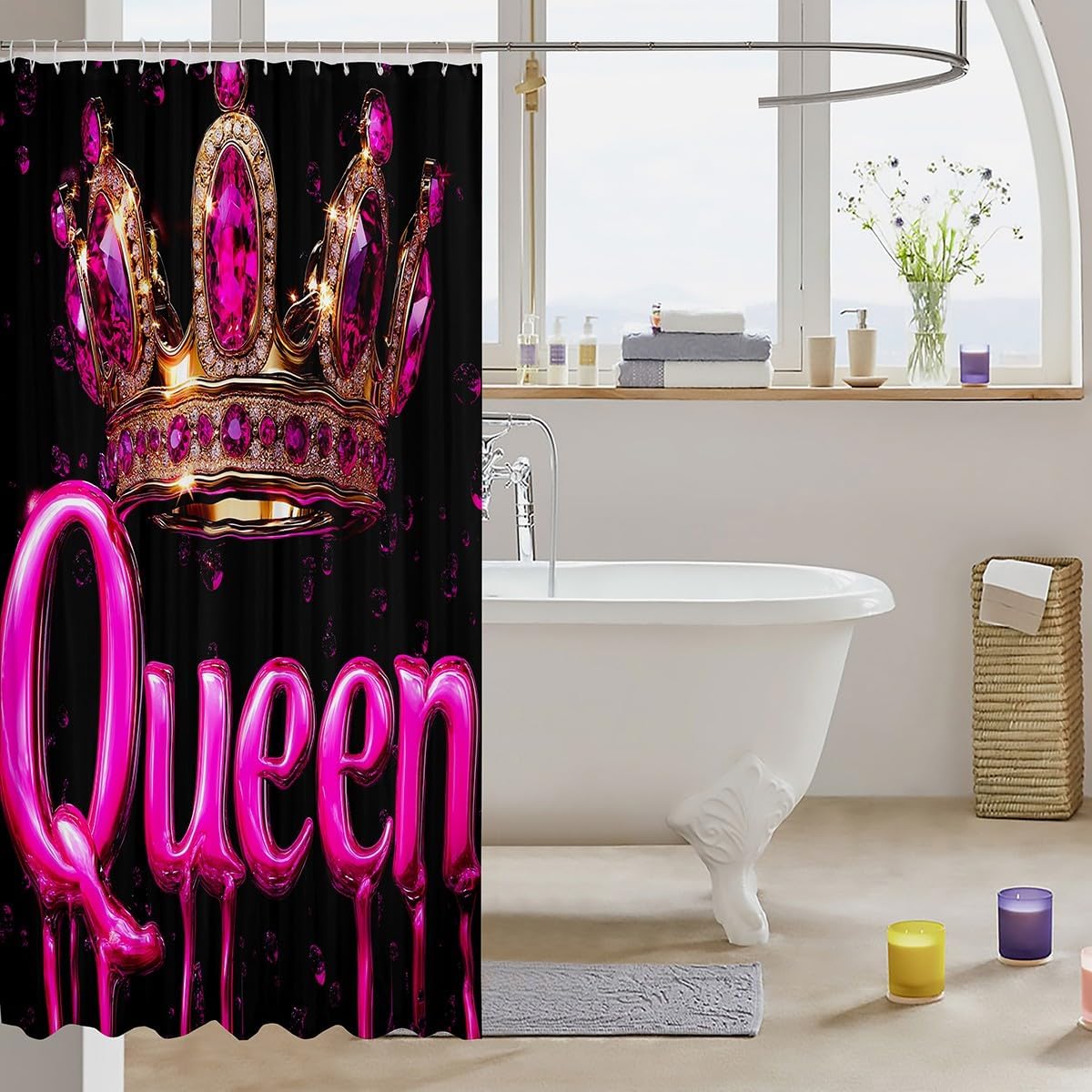 Pink Princess Crown 3D Glitter Shower Curtain Set