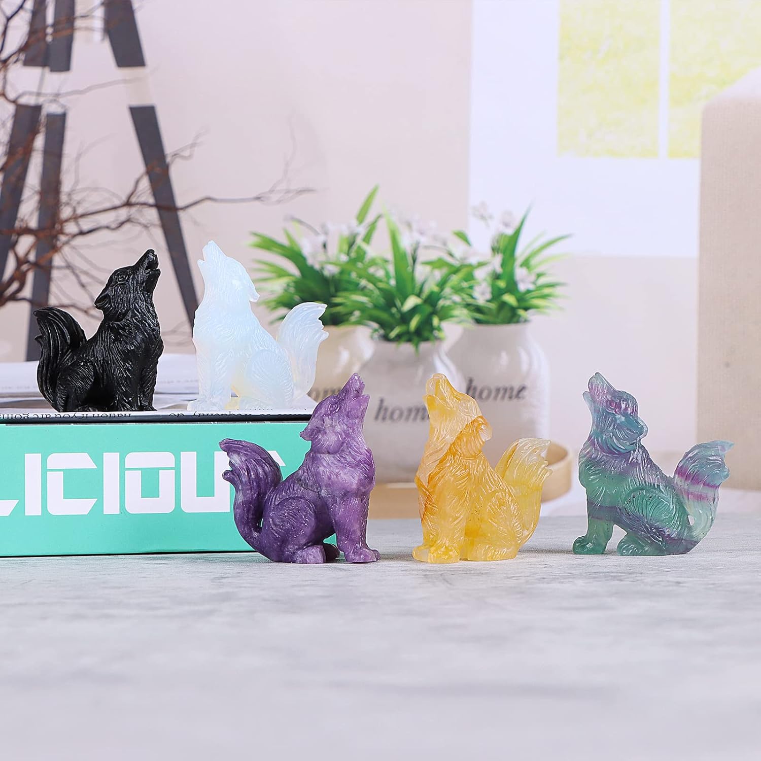 2 Crystal Wolf Statue Healing Decor with Gift Box