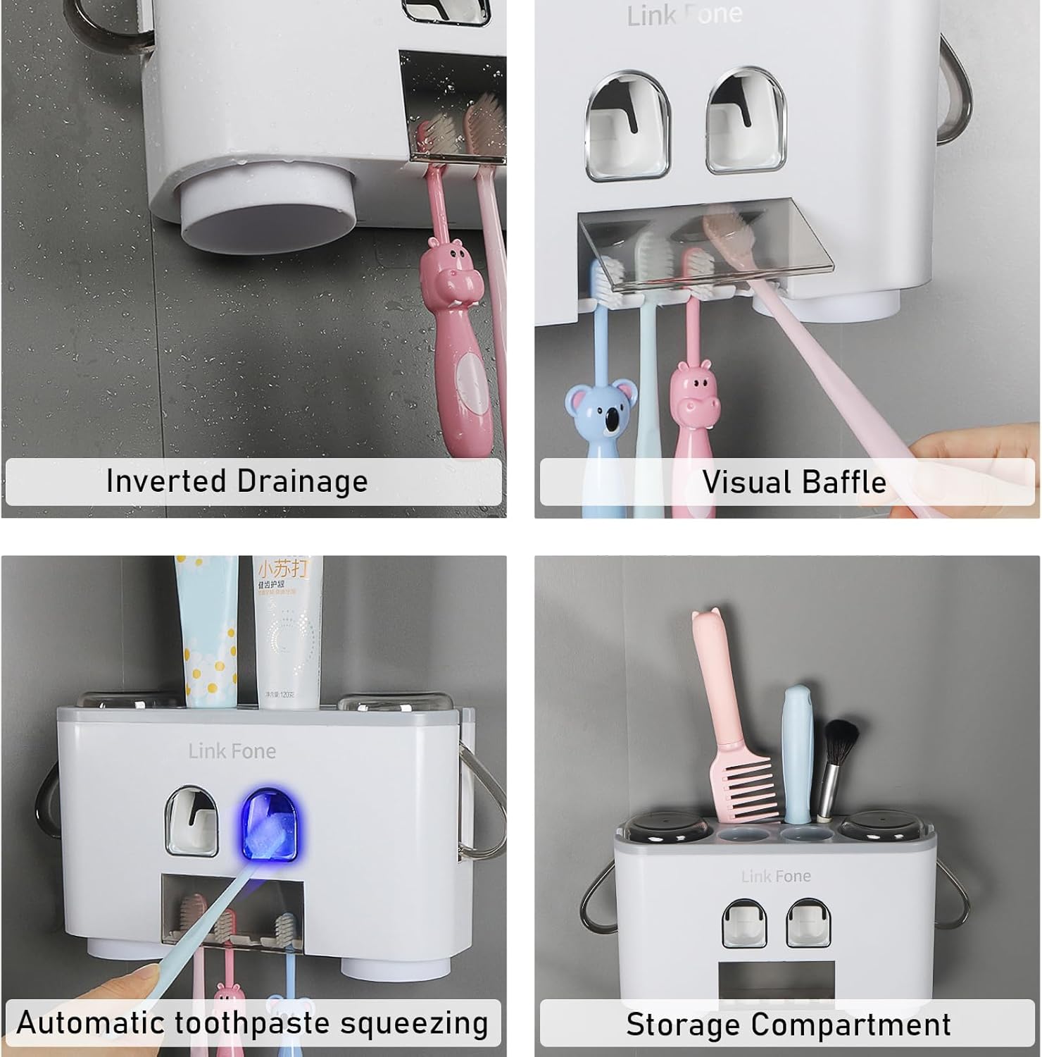 WREWING Toothbrush Holder with 4 Slots and 2 Squeezers Pink