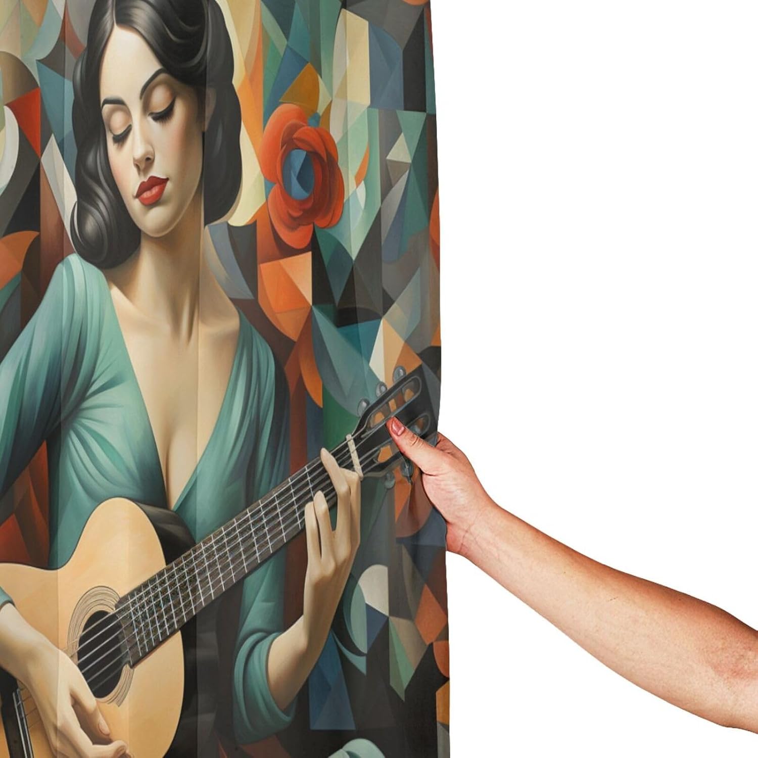 Guitar Girl Bohemian Shower Curtain Set with 12 Hooks 72x72in