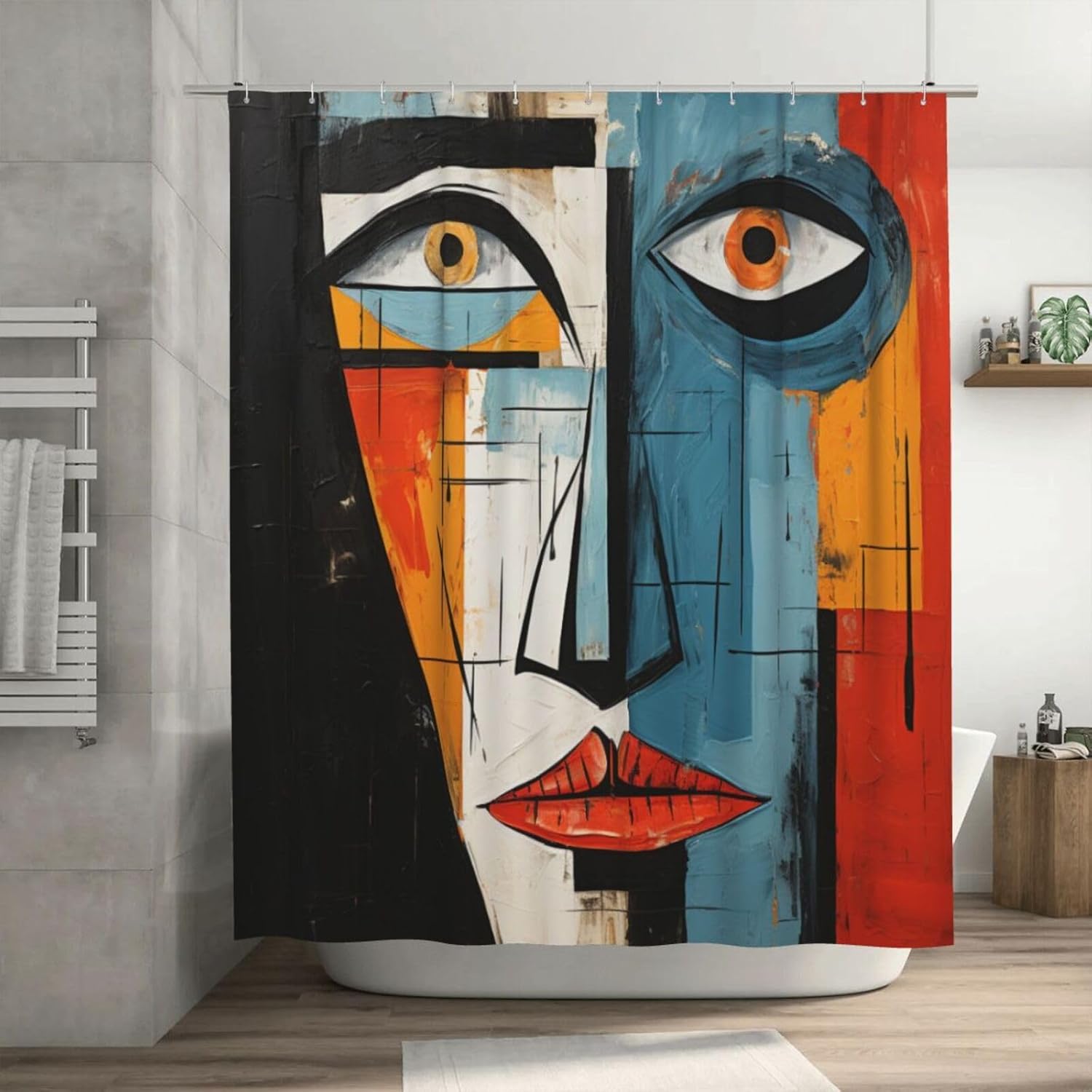DAOWANGZUO Black Hair Girl Boho Shower Curtain Set with 12 Hooks