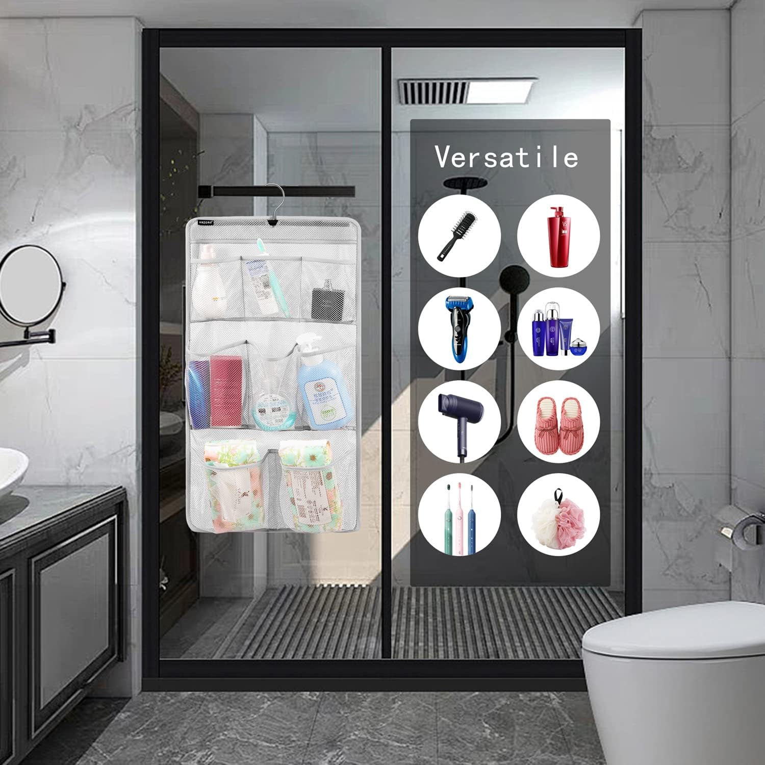 ANZORG Mesh Shower Caddy with 8 Pockets and Rotating Hanger