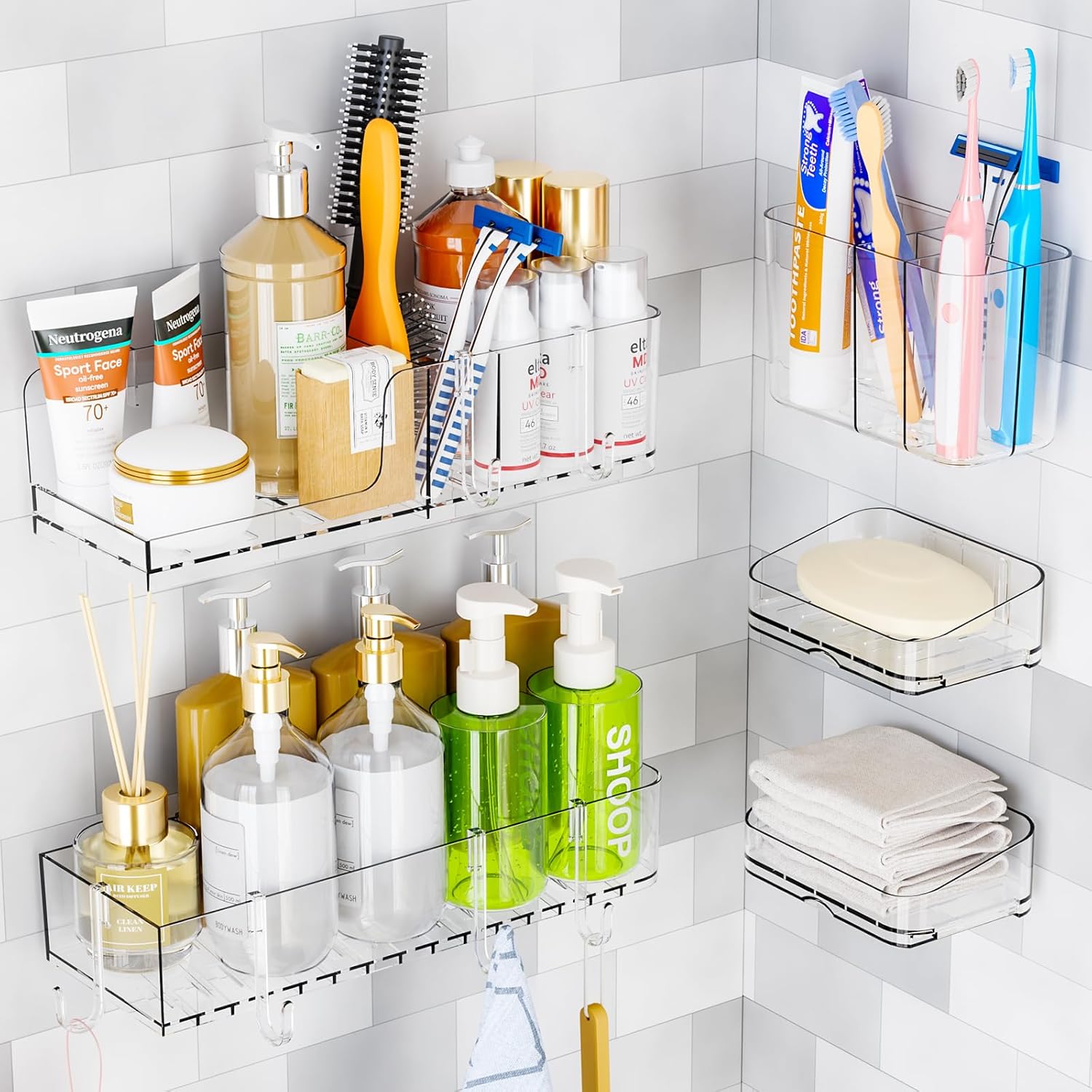SuoXing 5-Pack Adhesive Shower Caddy with 6 Hooks