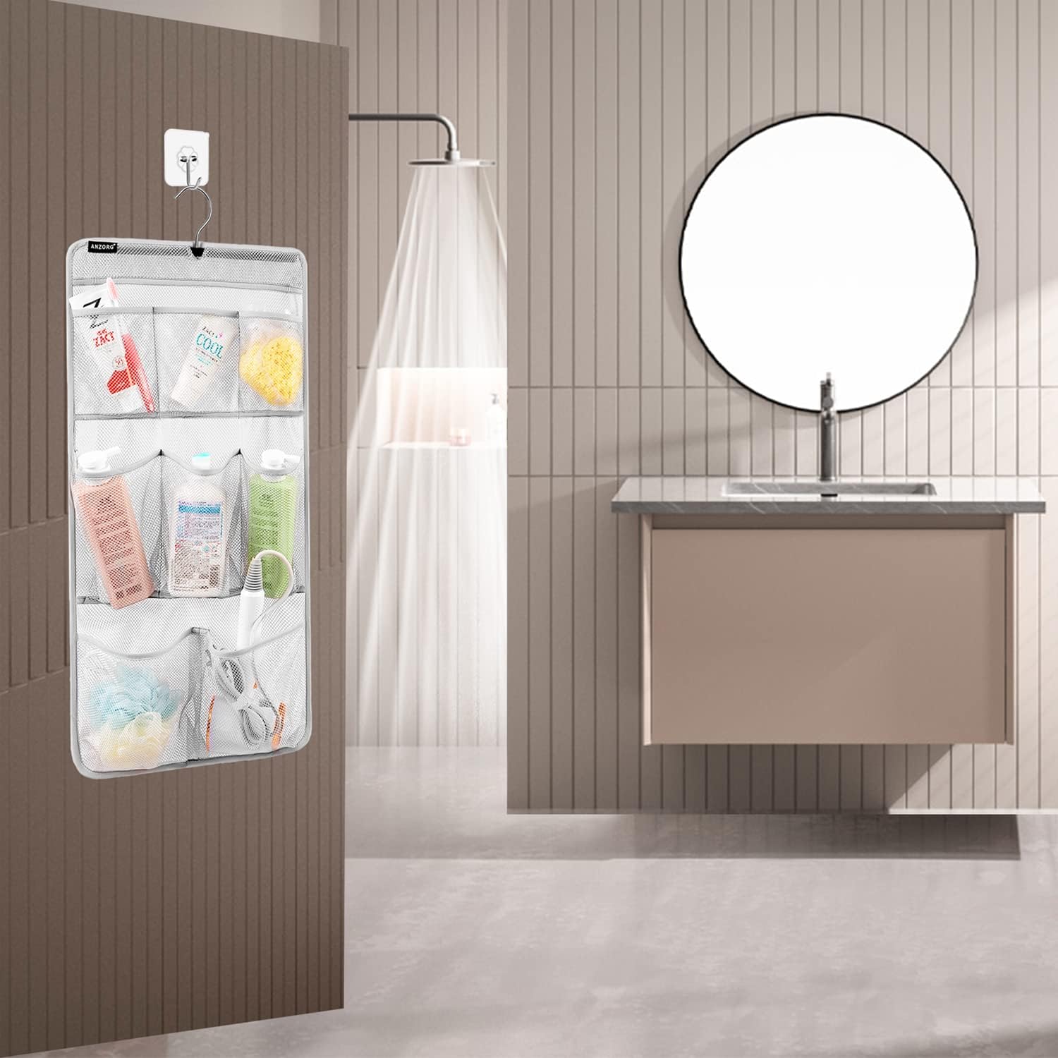 ANZORG Mesh Shower Caddy with 8 Pockets and Rotating Hanger