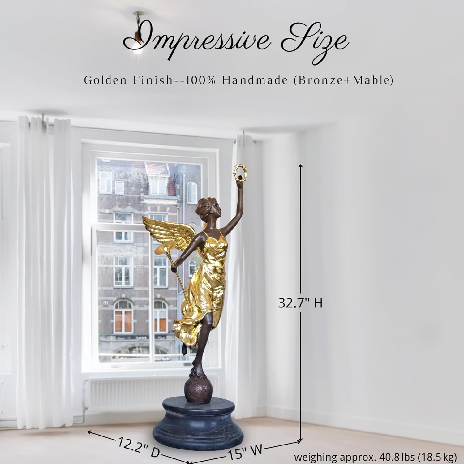 Large Gilded Bronze Angel with Trumpet and Laurel Wreath Sculpture
