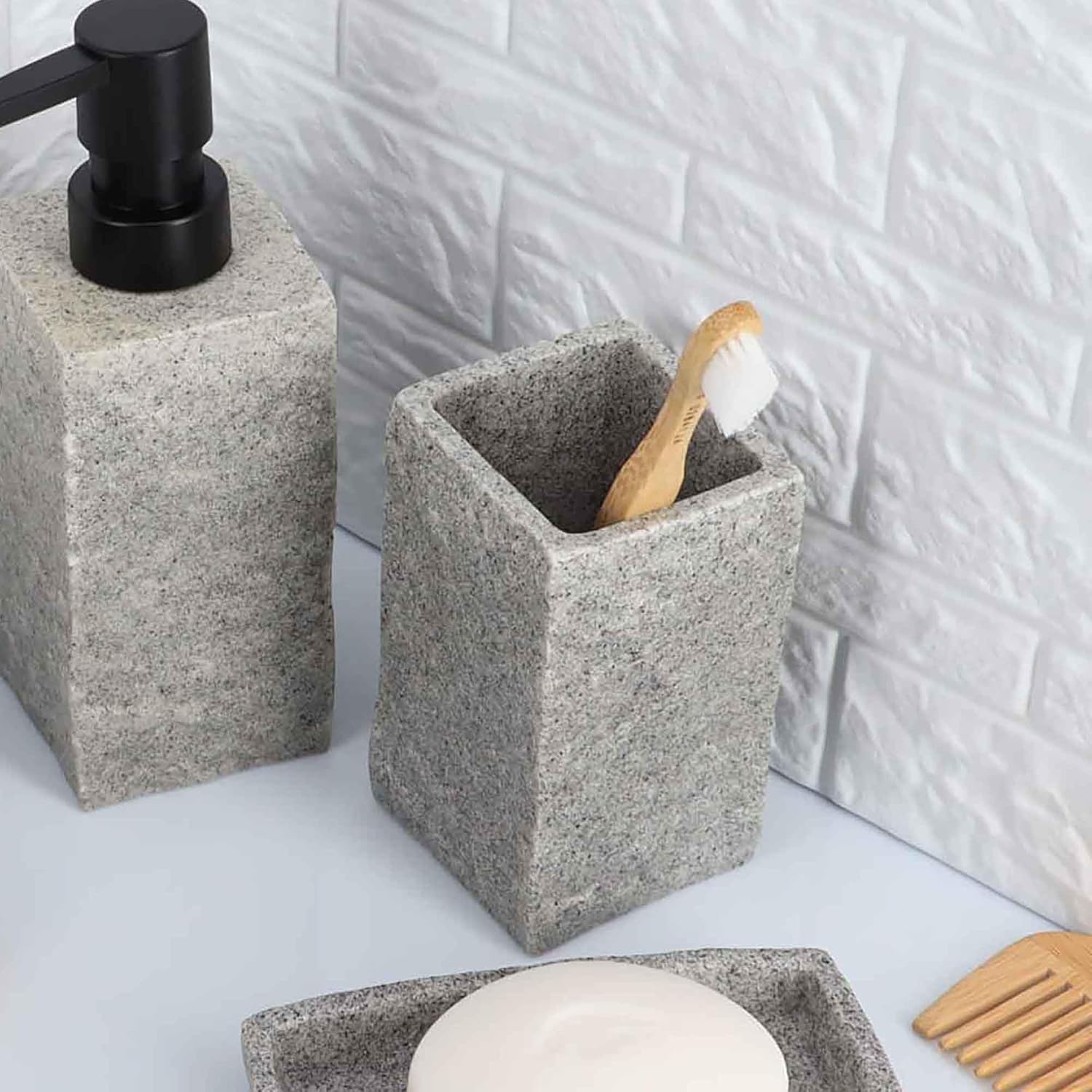 Square Resin Stone Effect Toothbrush Holder Gray