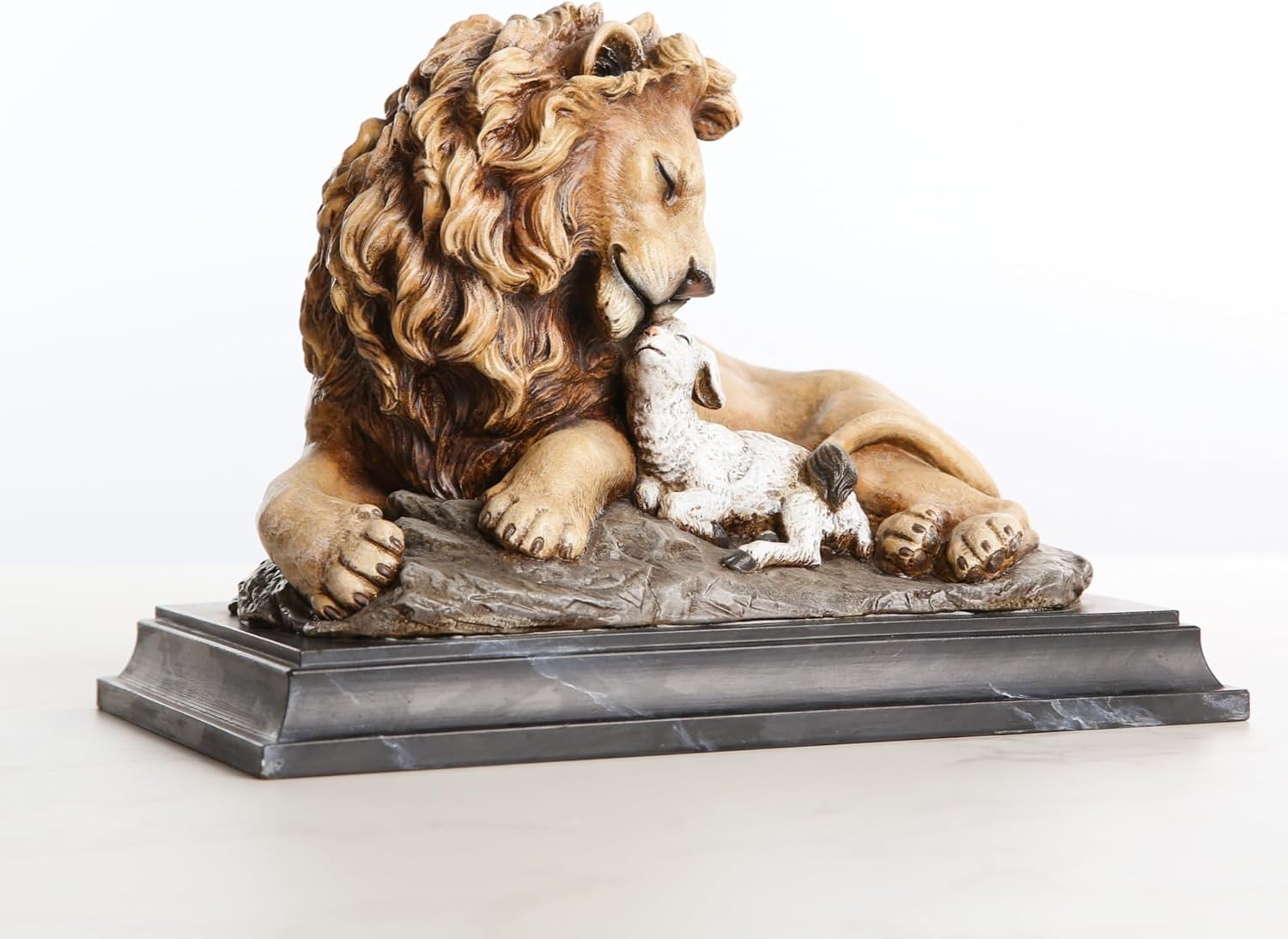 Resin Lion and Lamb Table Statue Brown
