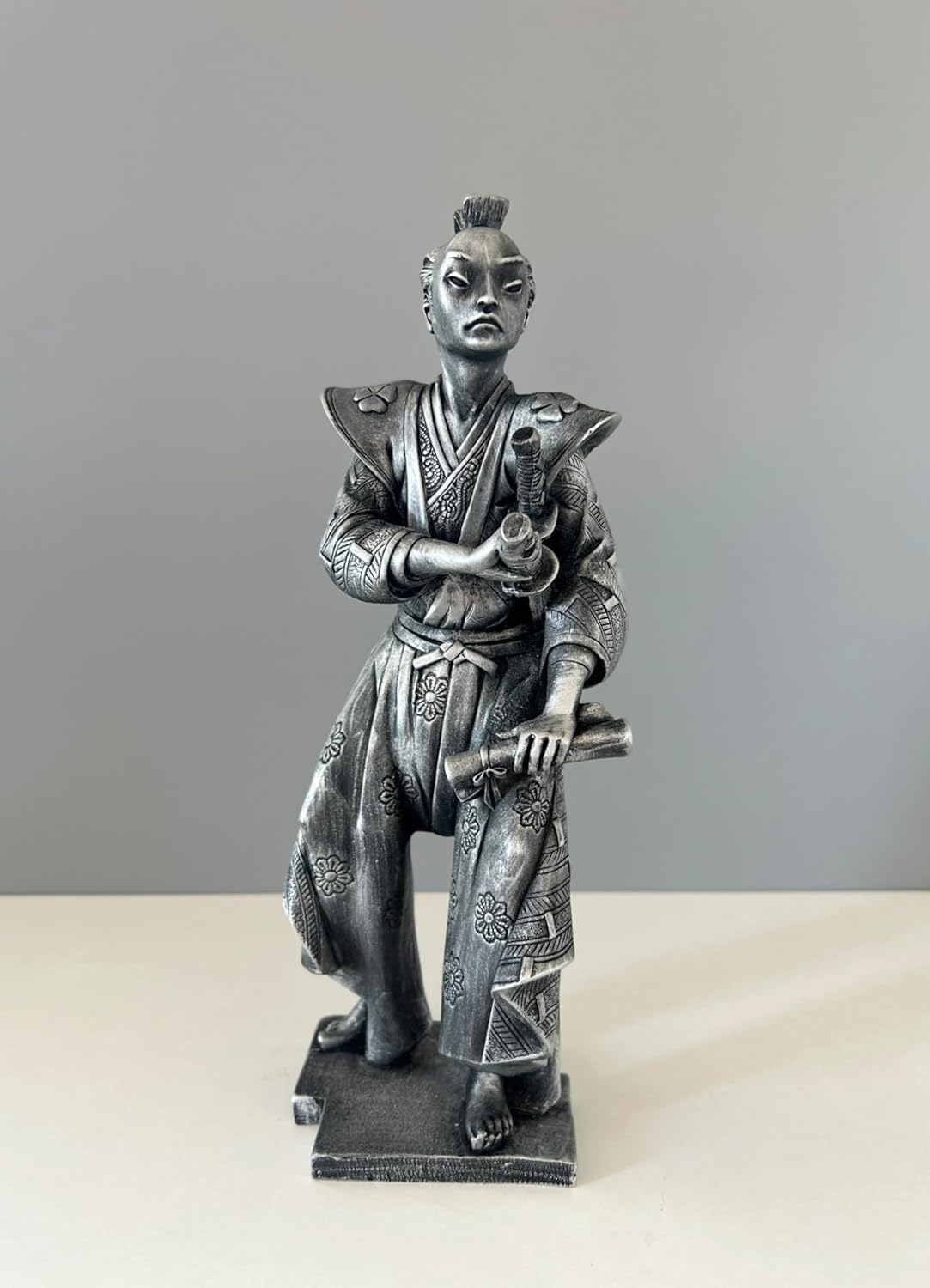 Japanese Samurai Statue - 33cm Silver Bust Sculpture