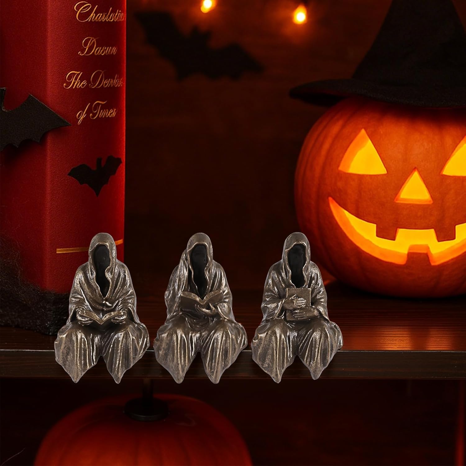 GrivSheen Reading Statue Set of 3 Gothic Fantasy Bookshelf Figurines