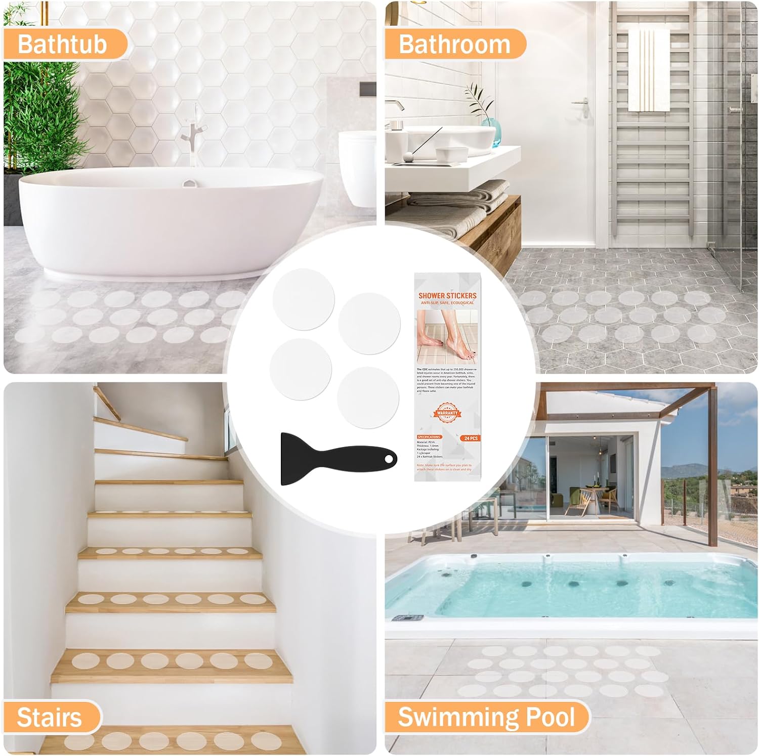 Non-Slip Bathtub Stickers 24 PCS with Scraper for Safety