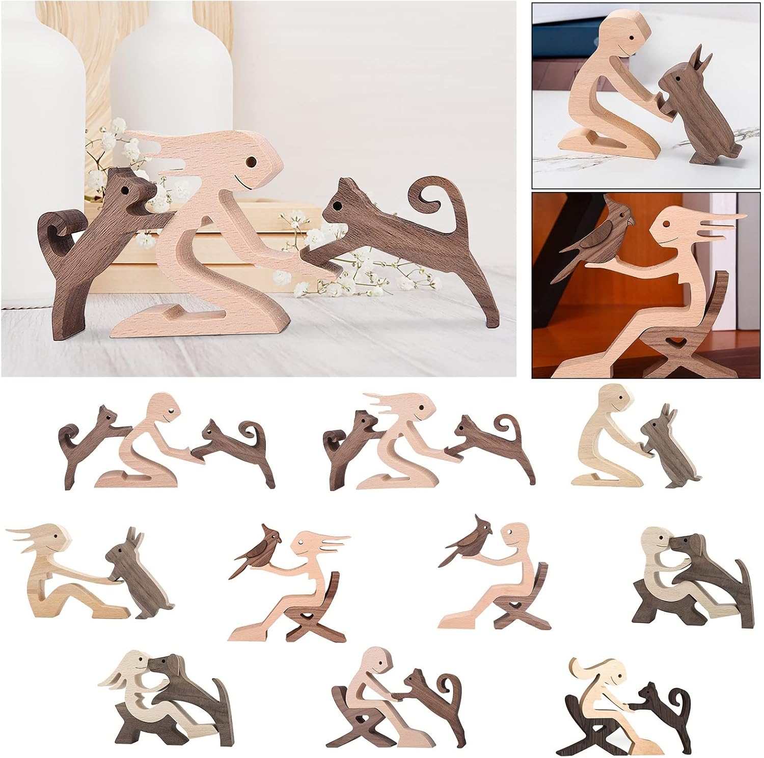 Nudsfuii Wooden Handmade Dog Cat Statue Home Decor